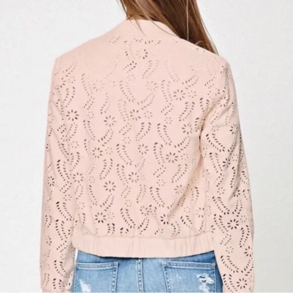 3/$25 Dex Faux Suede Bomber Jacket S Eyelet Floral Laser Cut Out Zip Up Beige - Picture 2 of 9